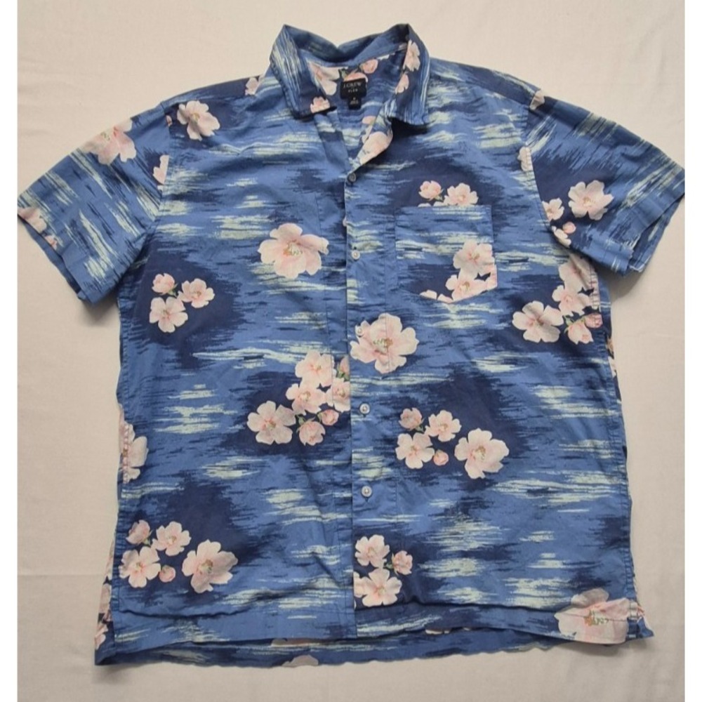 J. Crew Flex men's blue floral print short sleeve button up shirt pocket sz. M
